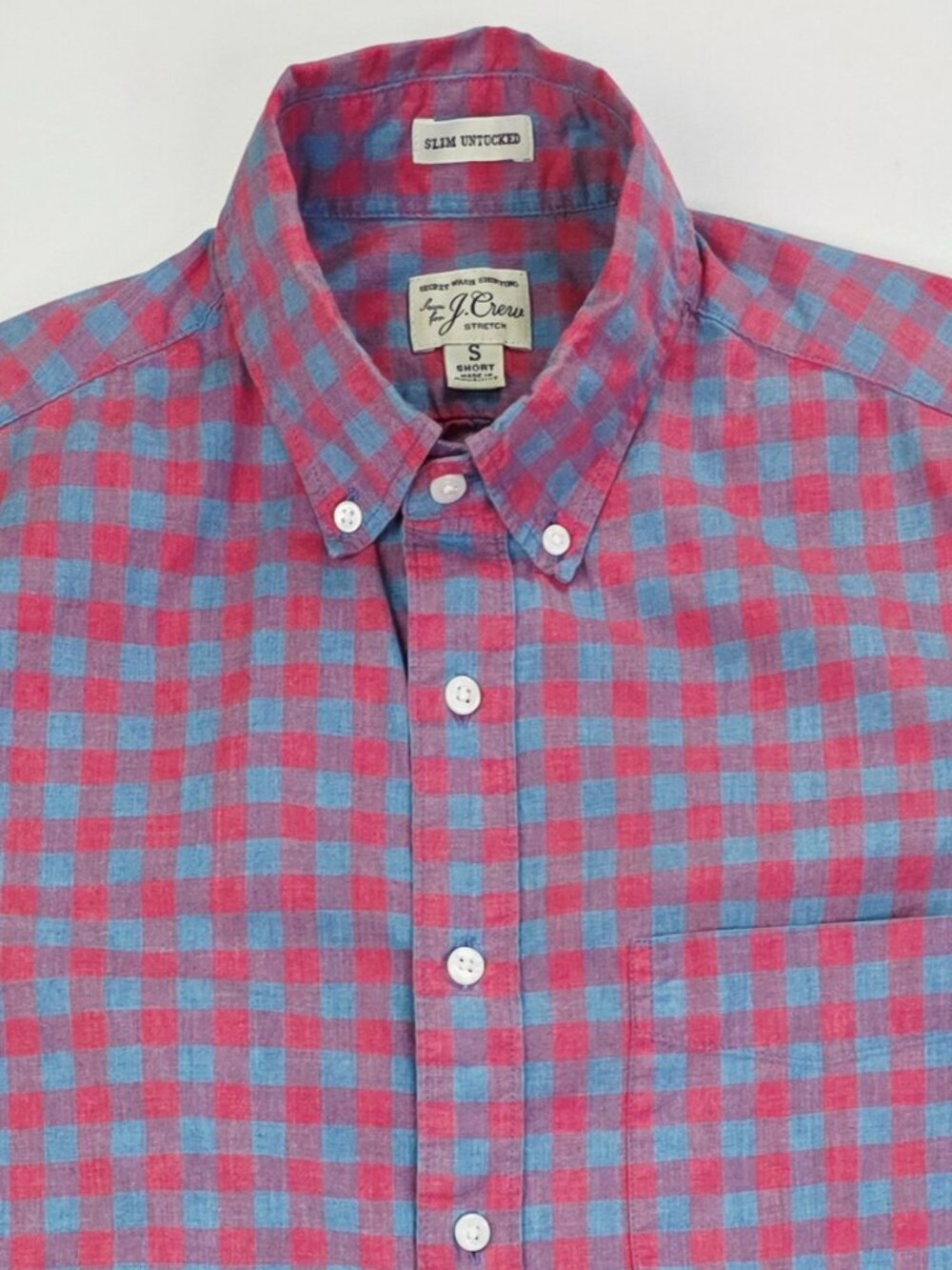 J. Crew Short Slim Untucked Stretch Size Small Mens Blue Red Check Button Down